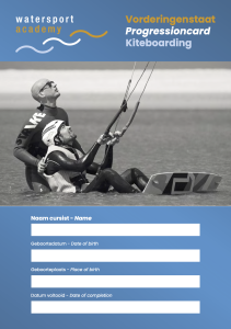 Voorkant kitepas en vorderingstaat met ruimte voor de naam van de kitesurfer die kitesurf lessen volgt in Friesland